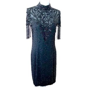 Vintage Nite Line Silk Beaded Fringe Cocktail Dress